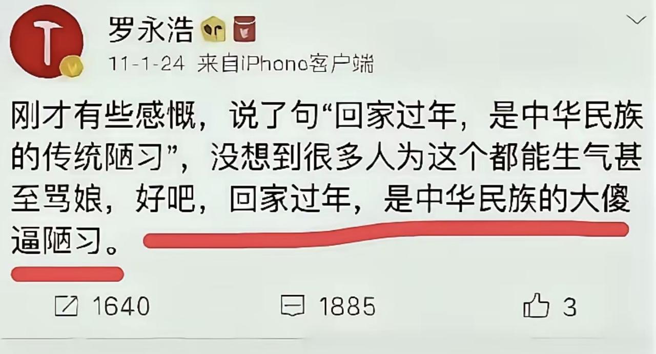 哈哈哈哈，哎我去！我怎么也想象不出来罗永浩能说出这句话！他说回家过年，是中国民族