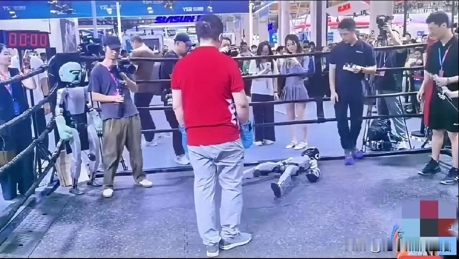 周鸿祎对战的一看就不是360的产品。
一脚就把机器人踹翻在地，直接干挺了，背后的