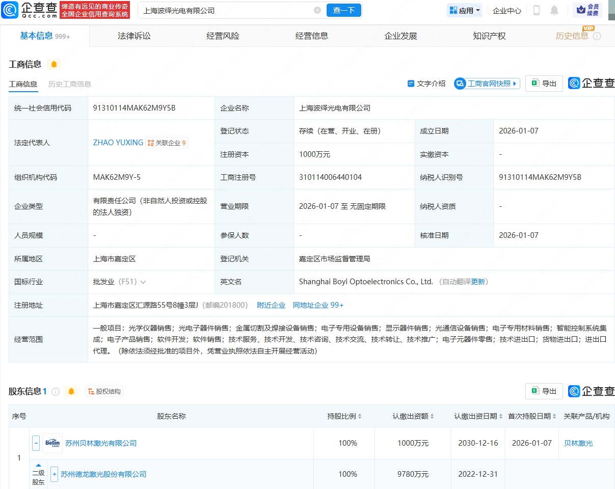 德龙激光成立光电公司，含显示器件销售业务