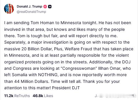 【黄金时代】川普将派大将汤姆霍曼赴明尼苏达！今晚我将派汤姆·霍曼前往明尼苏达州。