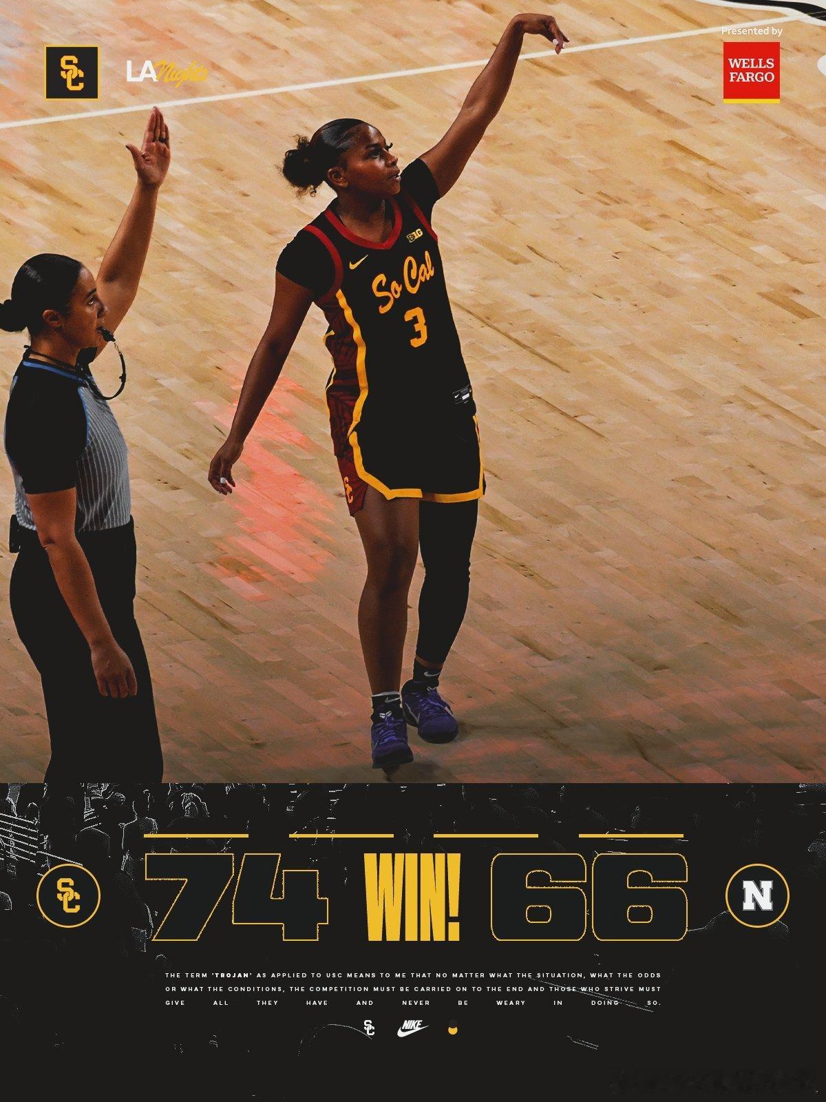 在今天结束的NCAA女篮比赛中，USC重回Big10征程，客场以74-66击败A