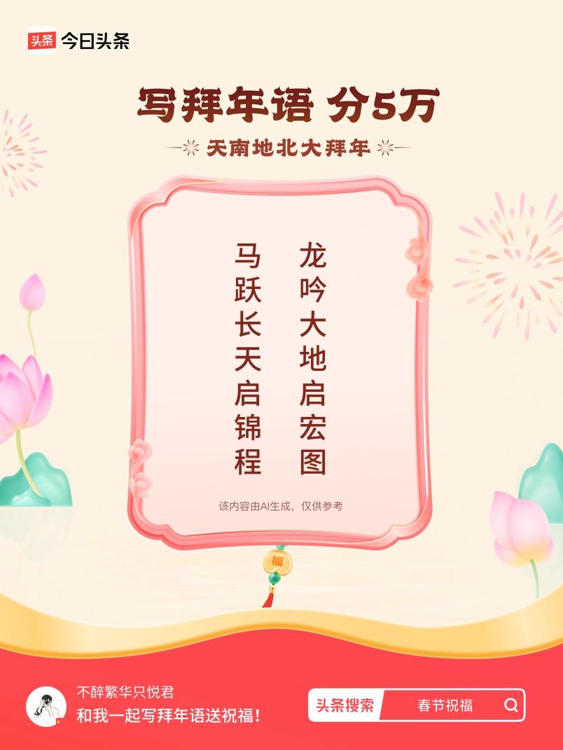 写拜年语送祝福新春拜年送祝福！我的祝福是：“马跃长天启锦程，龙吟大地启宏图”！快