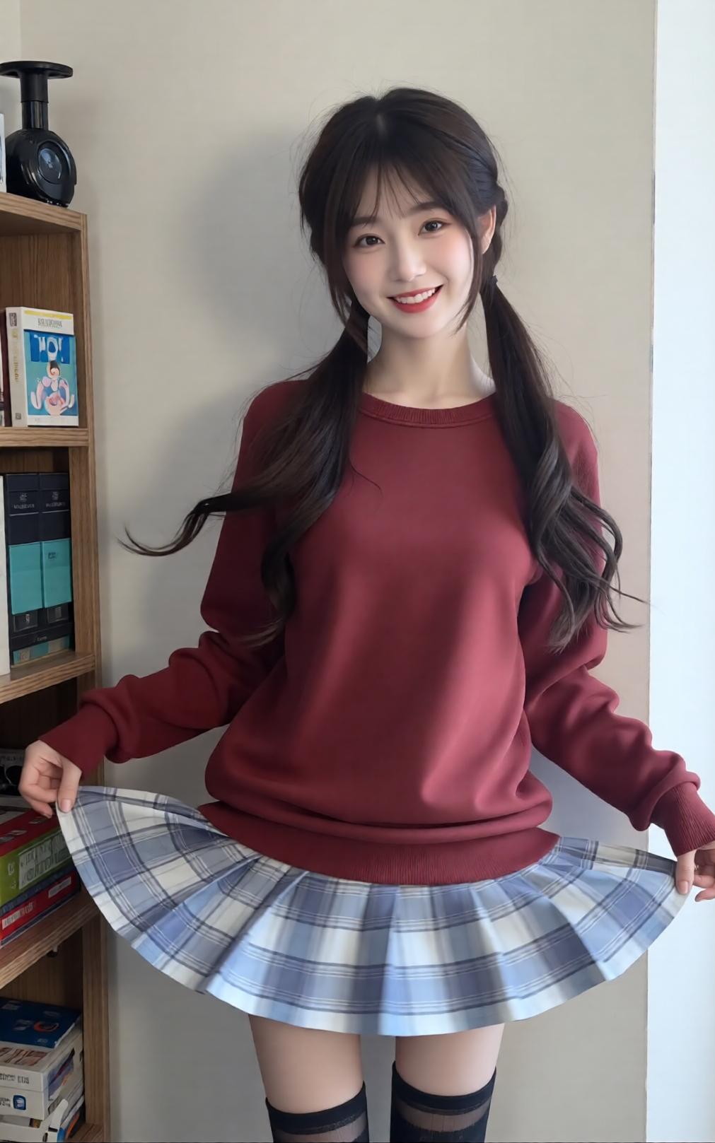 元气少女穿搭指南：红色毛衣+格子短裙，甜美可爱！