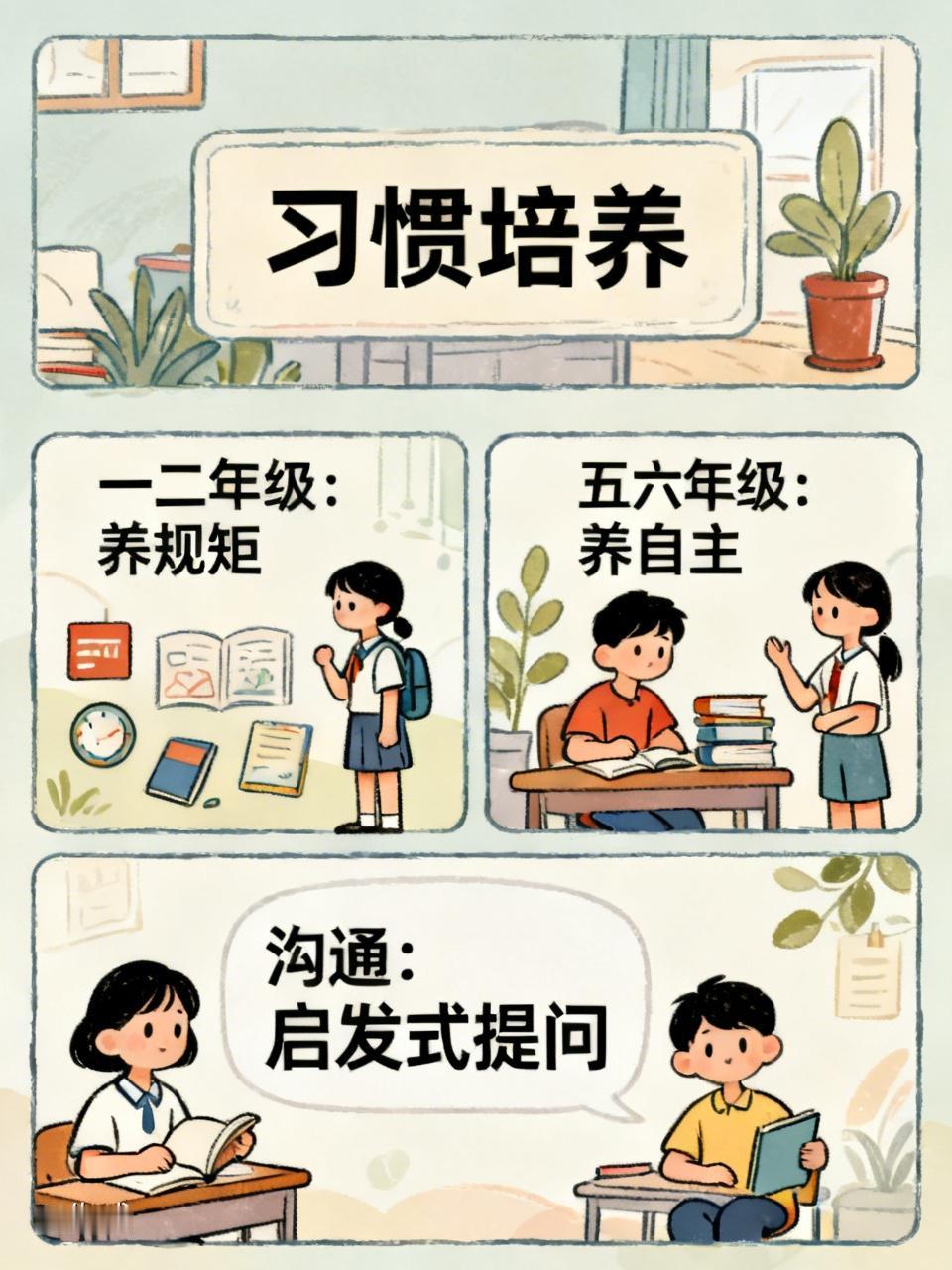 小学阶段家长引导孩子，核心是三件事。
习惯培养分三段：一二年级养规矩，用正向引导