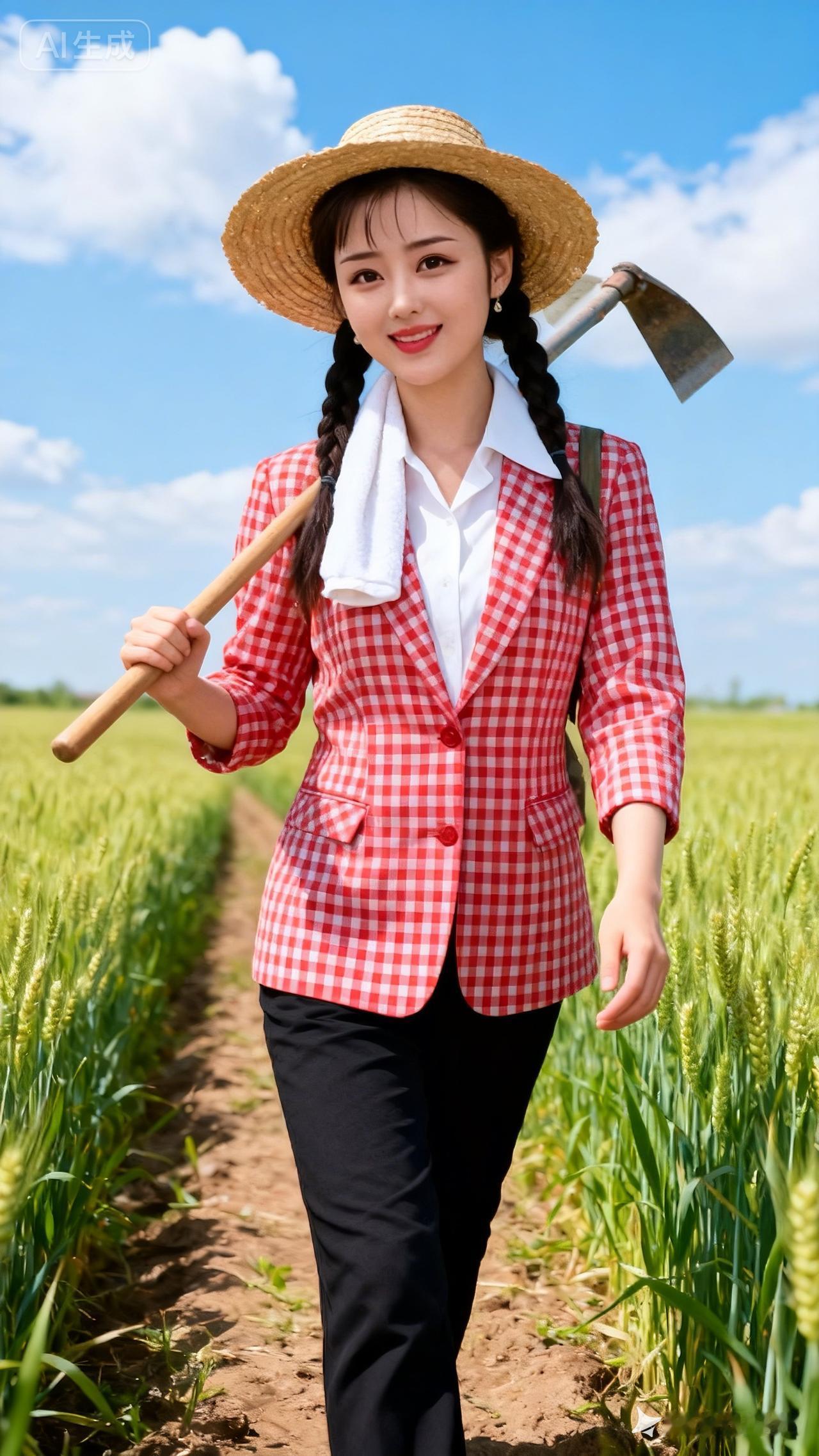田园少女，红格子外套，田间劳作，笑靥如花