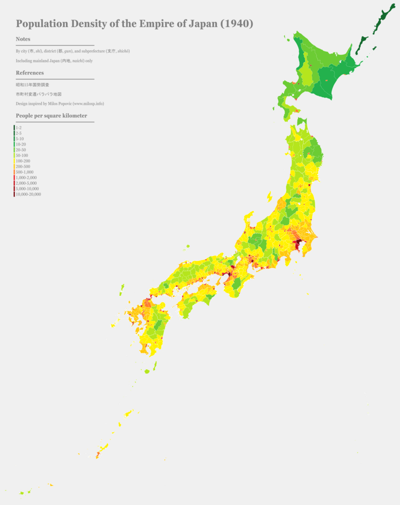 1940年（昭和15年）。日本内地的人口密度 ​​​