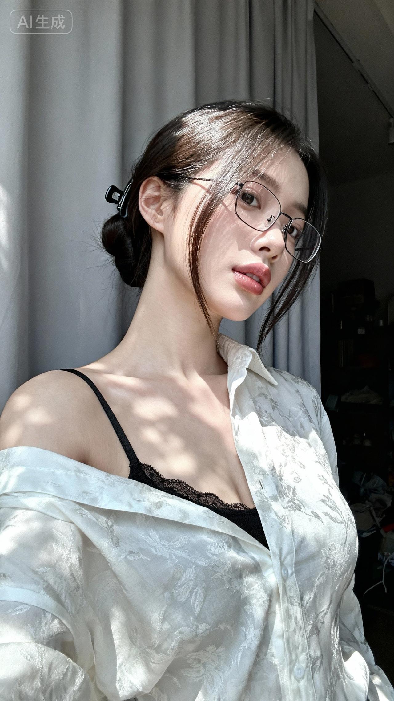 复古眼镜少女，黑白蕾丝与白纱的完美搭配，尽显优雅气质。