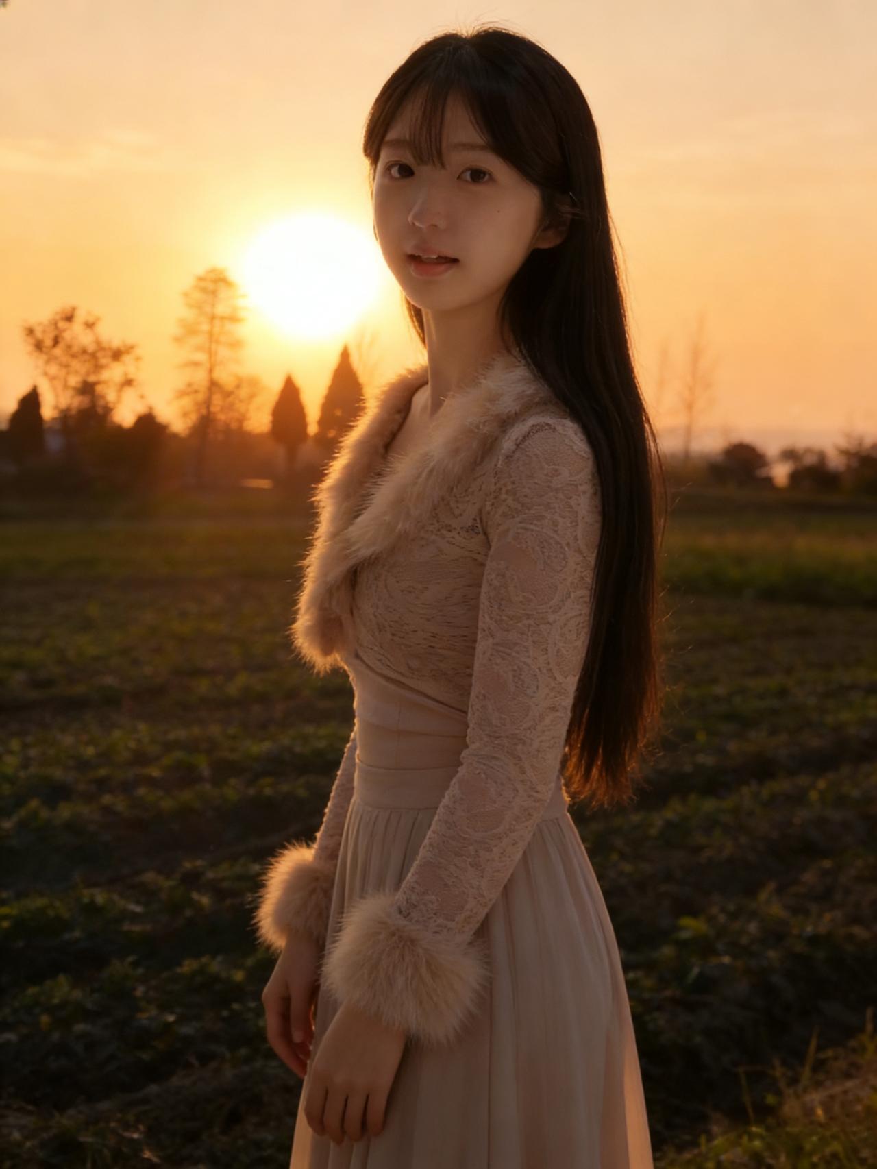 落日下平芜，
万里秋图。
粉裙人立小桥隅。
长发随风飘似雪，
拂过青蒲。
 ～