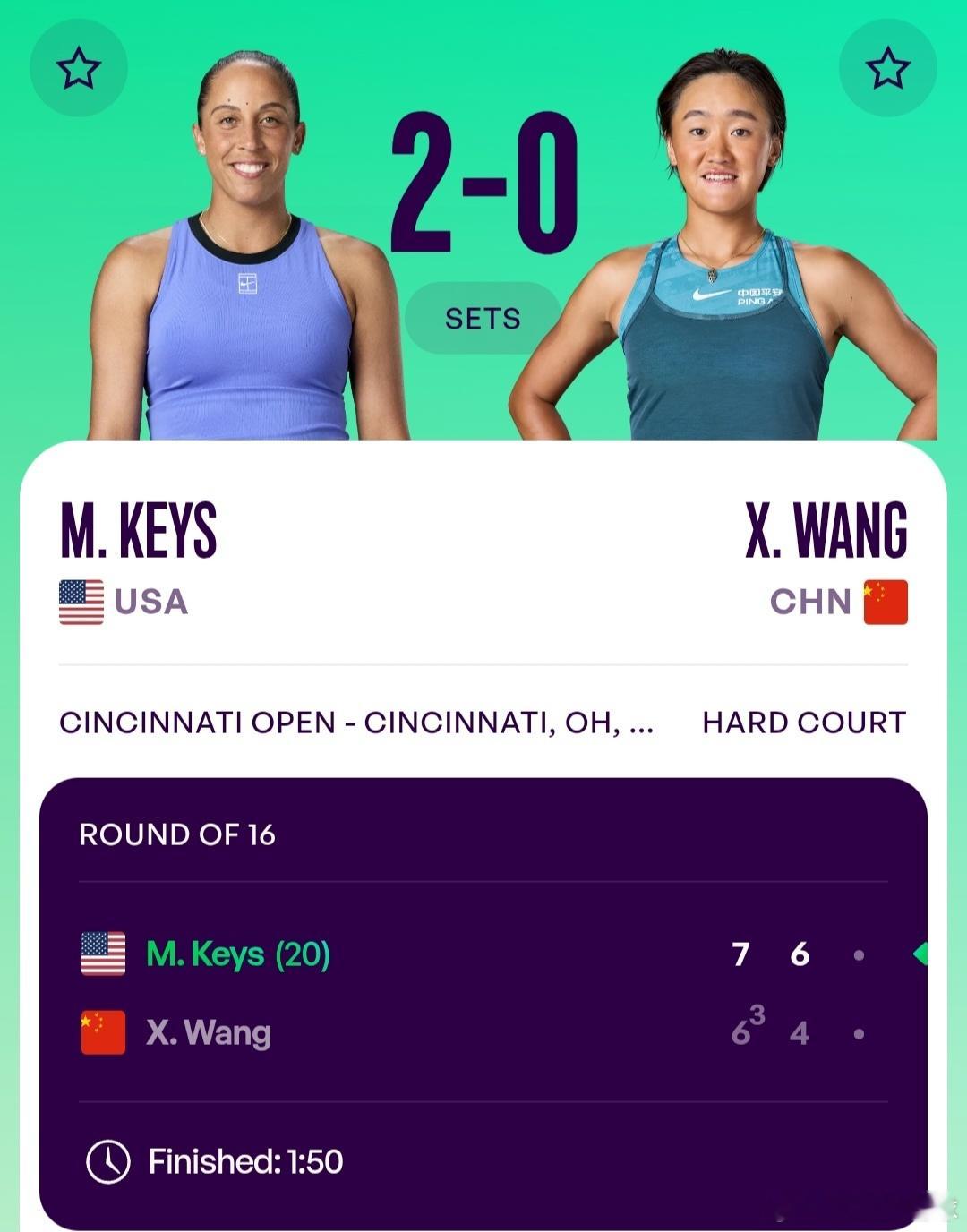 WTA1000辛辛那提站🇺🇸女单第4轮王曦雨🇨🇳6-7(3)/4-6不敌