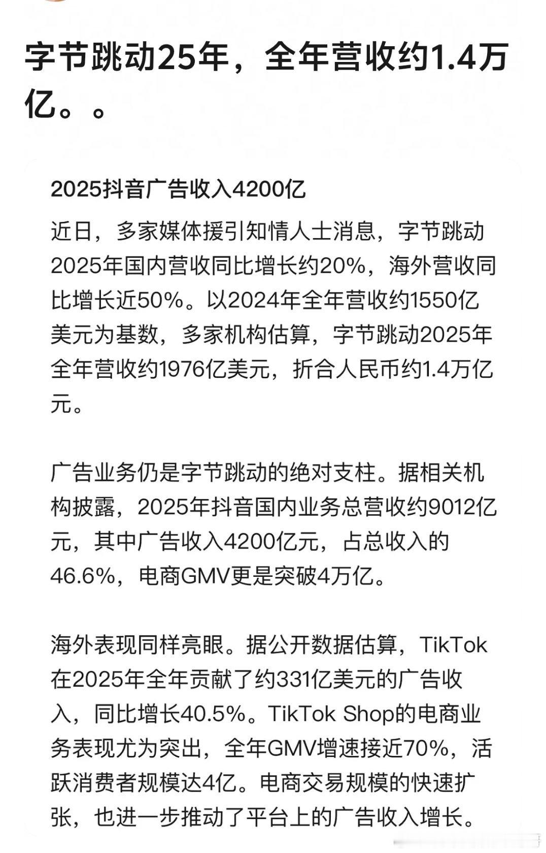 字节25年营收1.4万亿，除了抖音现在最火的红果短剧和番茄小说都是他们家的