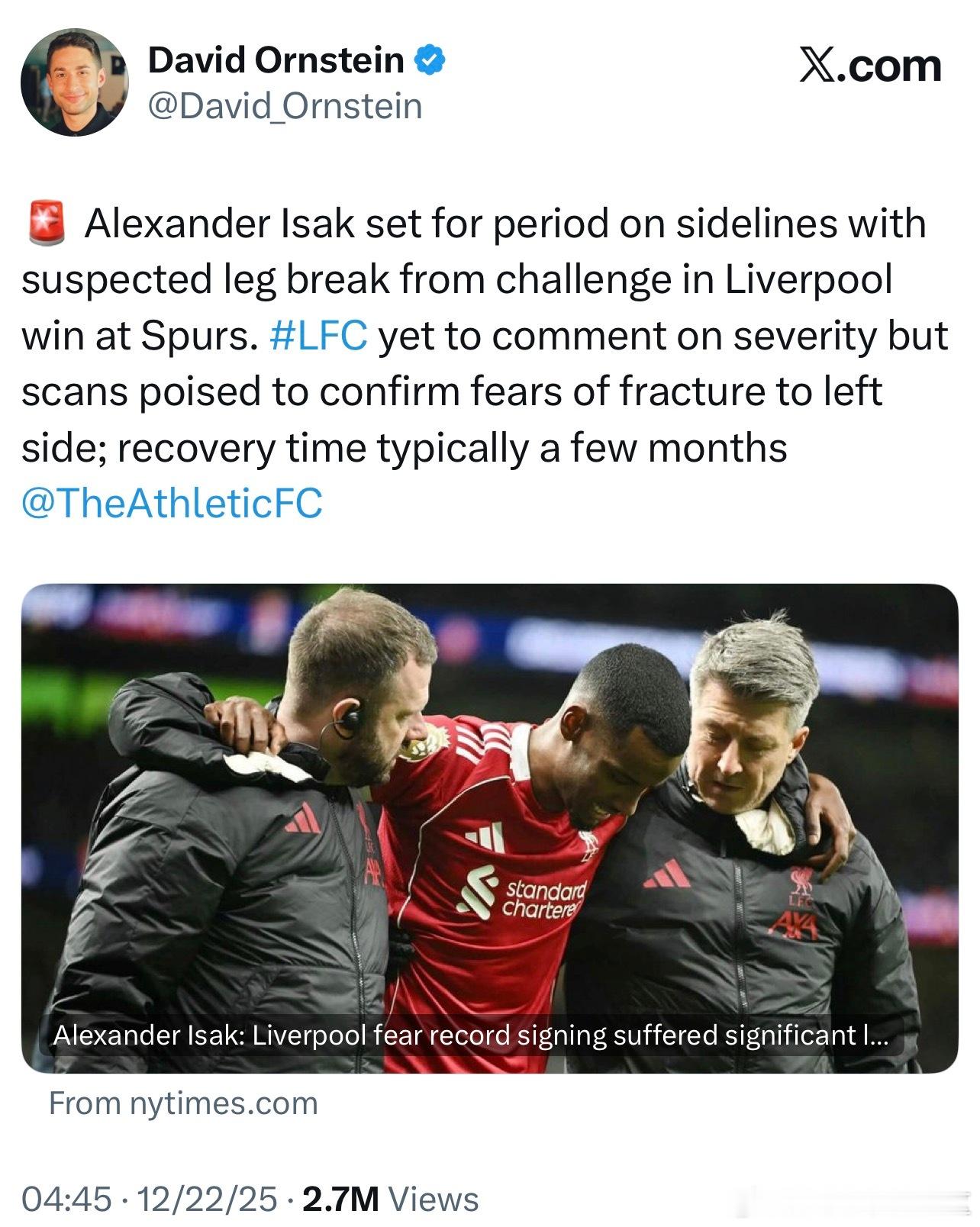 伊萨克腿部骨折将会伤缺数月，伤筋动骨100天那差不多3个月起了。但不是ACL也算