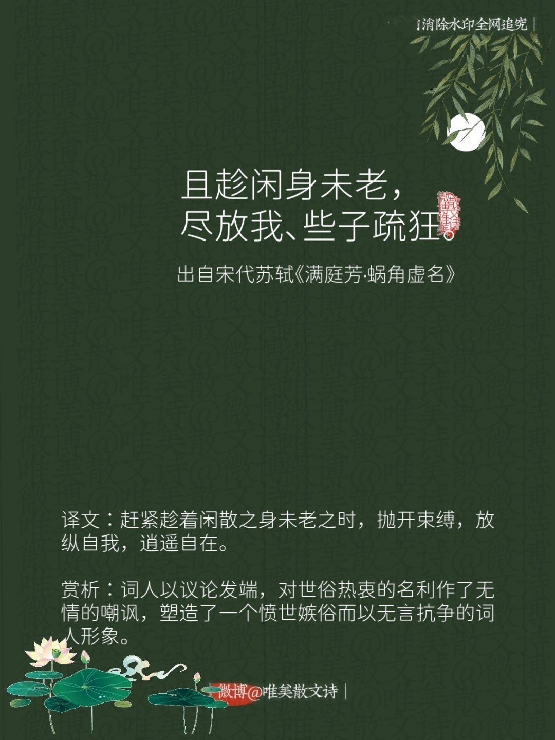 “且趁闲身未老，尽放我、些子疏狂。”--宋代苏轼 