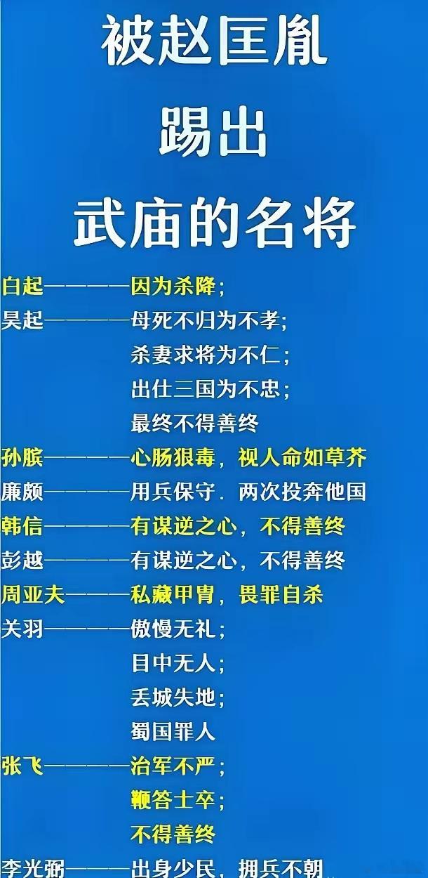 赵匡胤因为私德问题，将白起、吴起、孙膑、廉颇、韩信、彭越、周亚夫、关羽、张飞、李