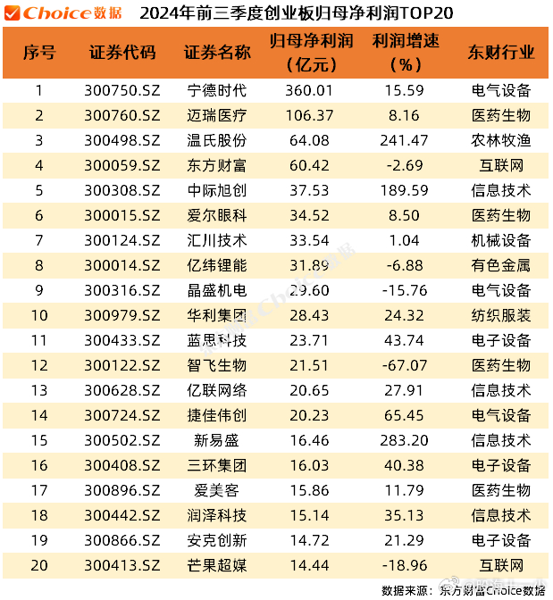 第三季度归母利润排行 ​​​