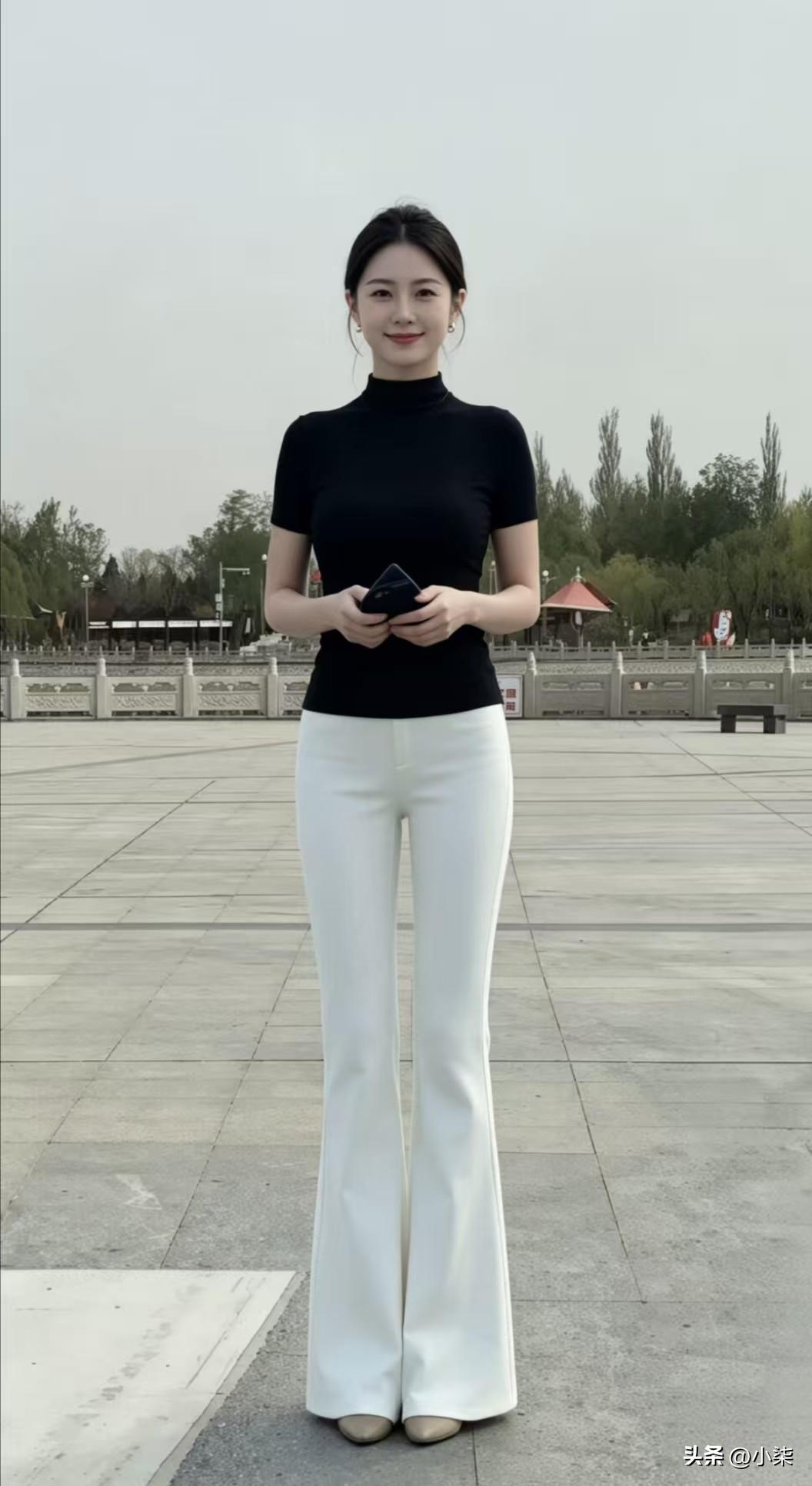 黑白极简穿搭，拿捏温柔女神感
修身小高领显瘦百搭
高腰微喇裤修饰腿型
清爽干净，