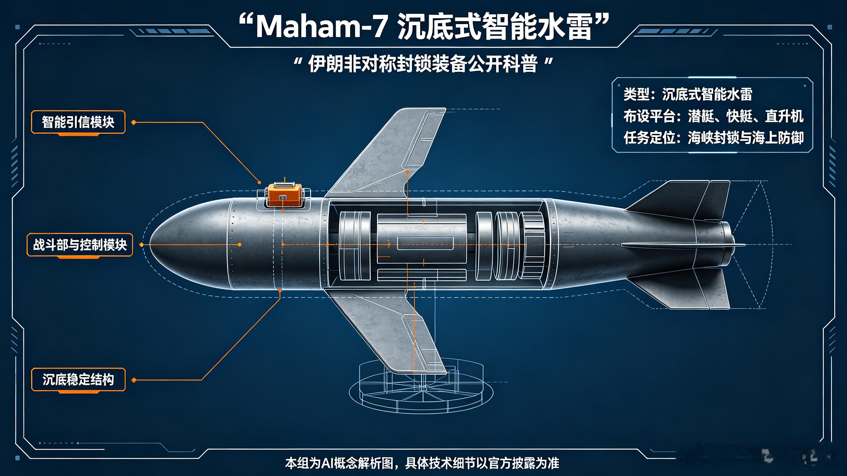 伊朗Maham‑7沉底式智能水雷，是霍尔木兹海峡非对称封锁的关键装备。支持潜艇、