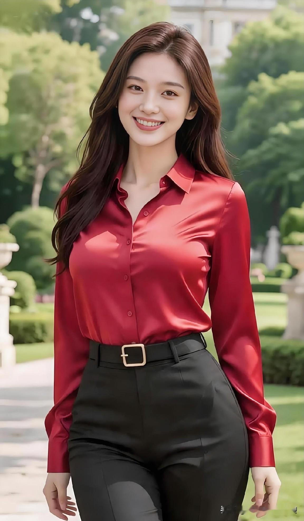 红色缎面衬衫搭配黑色长裤，腰带勾勒纤细腰肢。明媚自信的笑容，在绿意盎然间展现优雅