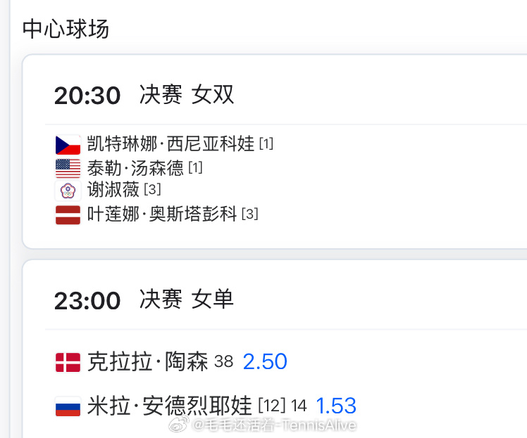 【2.22日比赛赛程和直播赛程】20:30谢淑薇/奥斯塔彭科女双决赛23:00陶