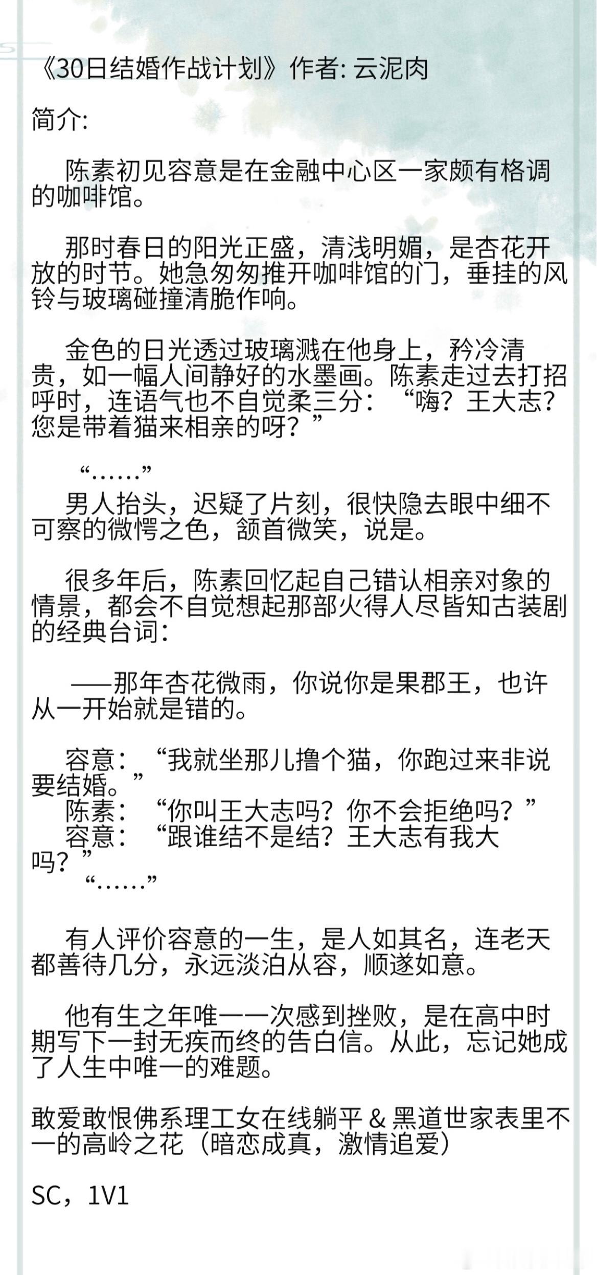 《30日结婚作战计划》作者: 云泥肉敢爱敢恨佛系理工女在线躺平 & 黑道世家表里