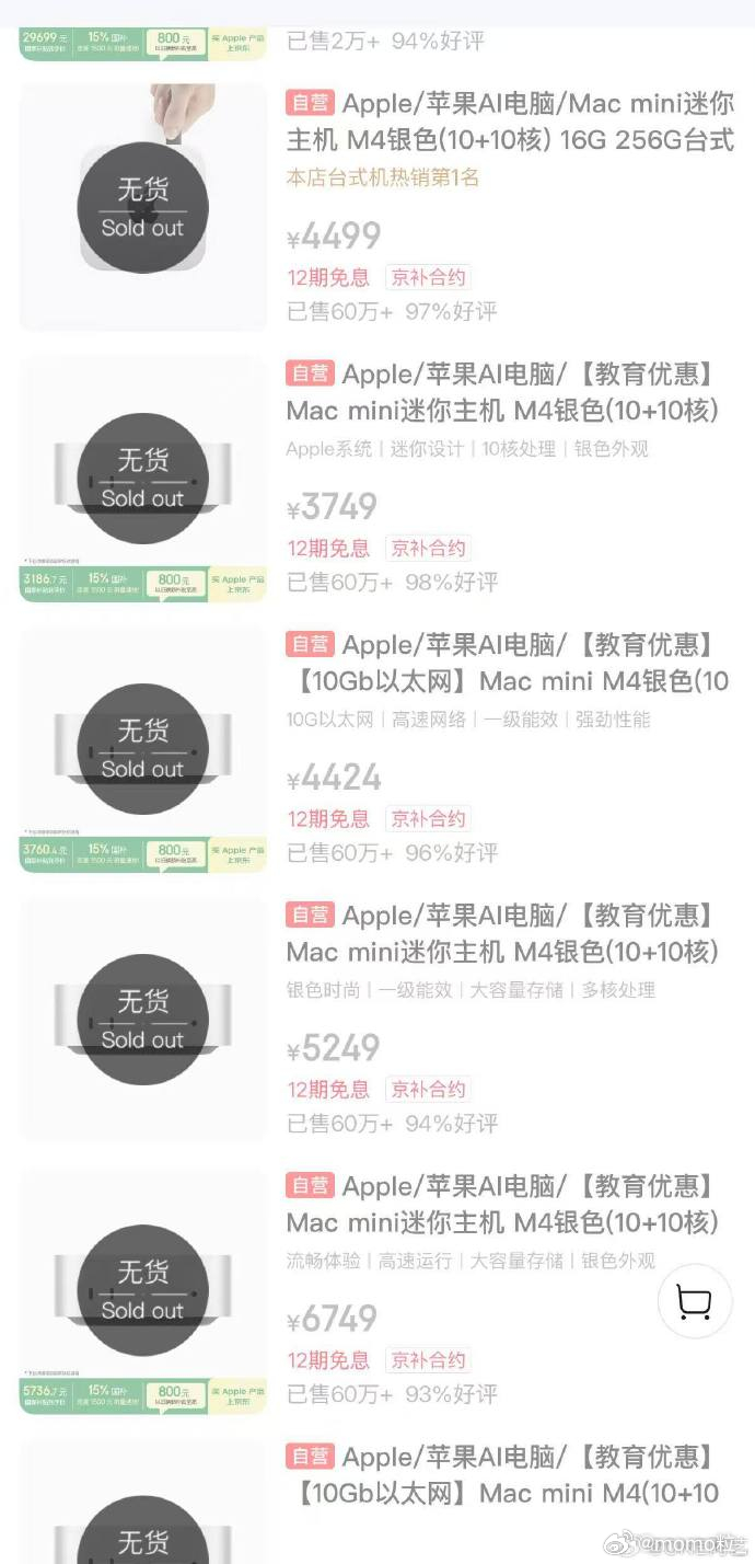 苹果回应Macmini断货 其实感觉在云上布置一个真的没多少成本何必现在加价买M