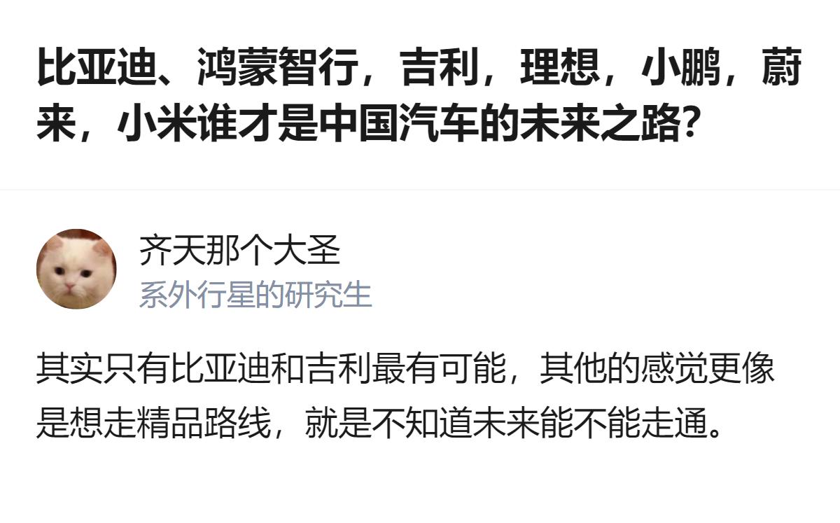 很难用一句话下结论，但有一点挺明显：比起那些想走精品路线的新势力，比亚迪和吉利的