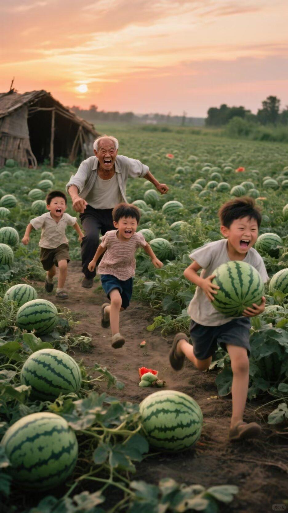 定风波，题图（怀旧系列）
夕照萦天满彩彤，村娃结伙蹑行踪。
怀抱西瓜如孕肚，惊顾