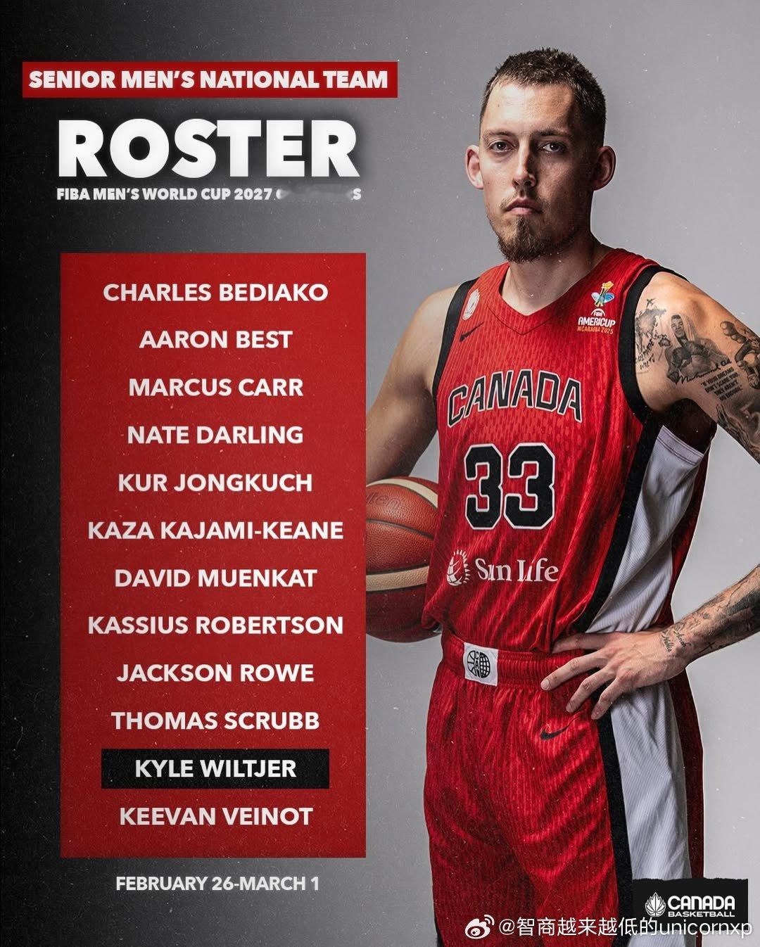 加拿大男篮宣布世预赛第二窗口期12人国家队名单，此前被剥夺NCAA资格的阿拉巴马