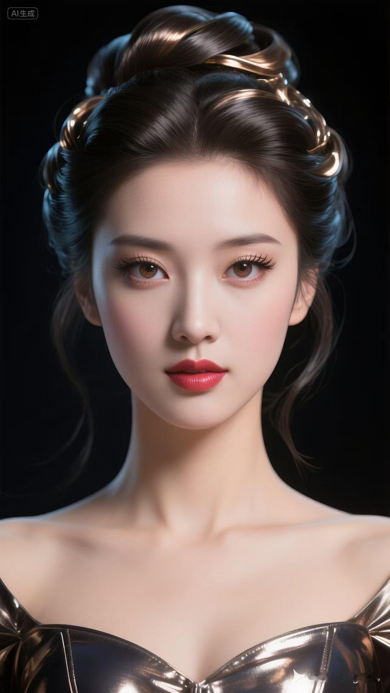 她金发红唇，那一头金发如绸缎般丝滑闪耀，红唇似火般明艳动人，眼神还特别犀利，美到