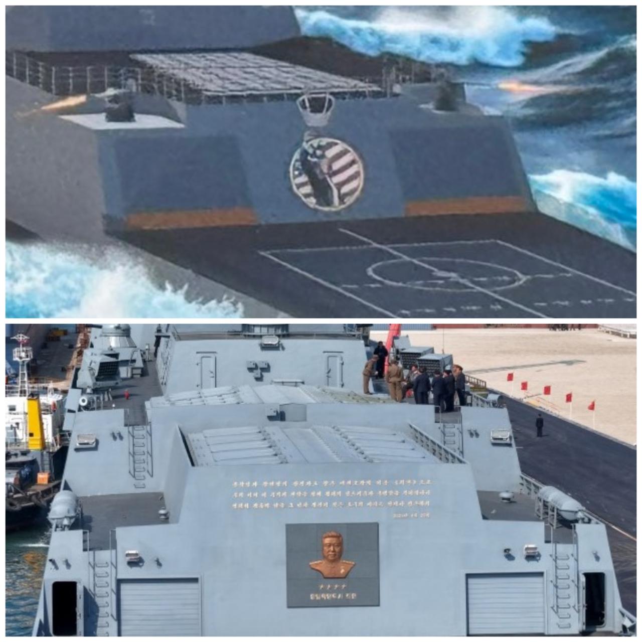 图片上部分是美国“特朗普级”战列舰的设计图，仔细看后甲板位置那个雕像是谁。
图片