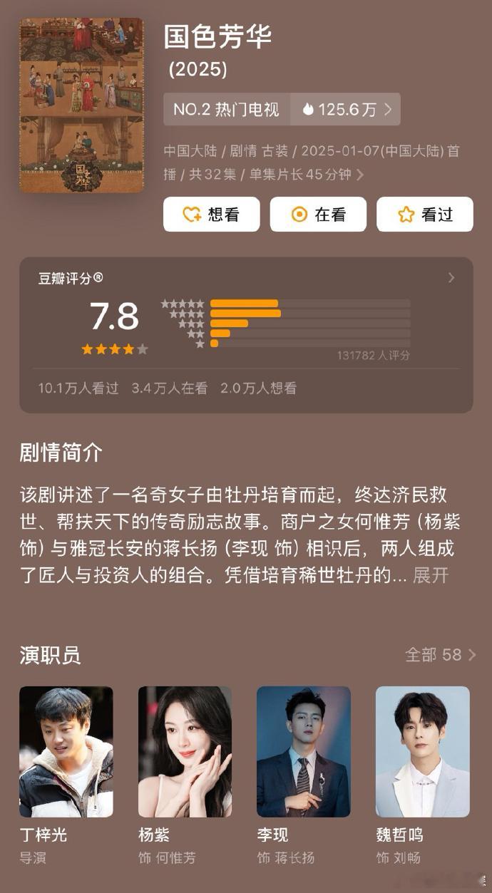 杨紫&李现《国色芳华》豆瓣开分7.8白鹿&敖瑞鹏《白月梵星》豆瓣开分5.9近期两