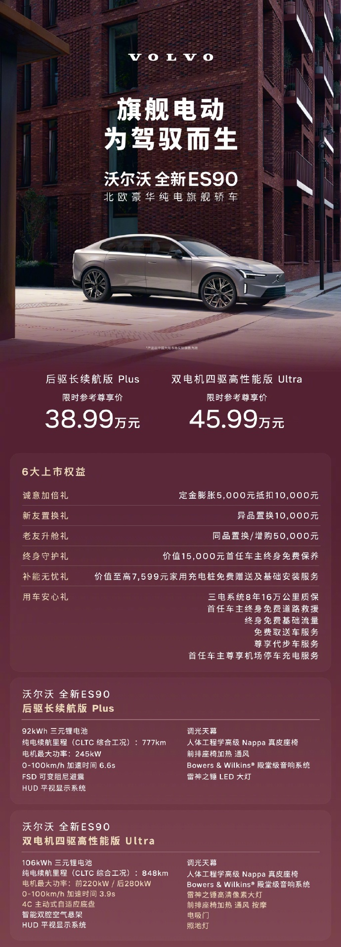 沃尔沃全新ES90，后驱车型搭载245kW电动机，峰值扭矩480N·m，CLTC