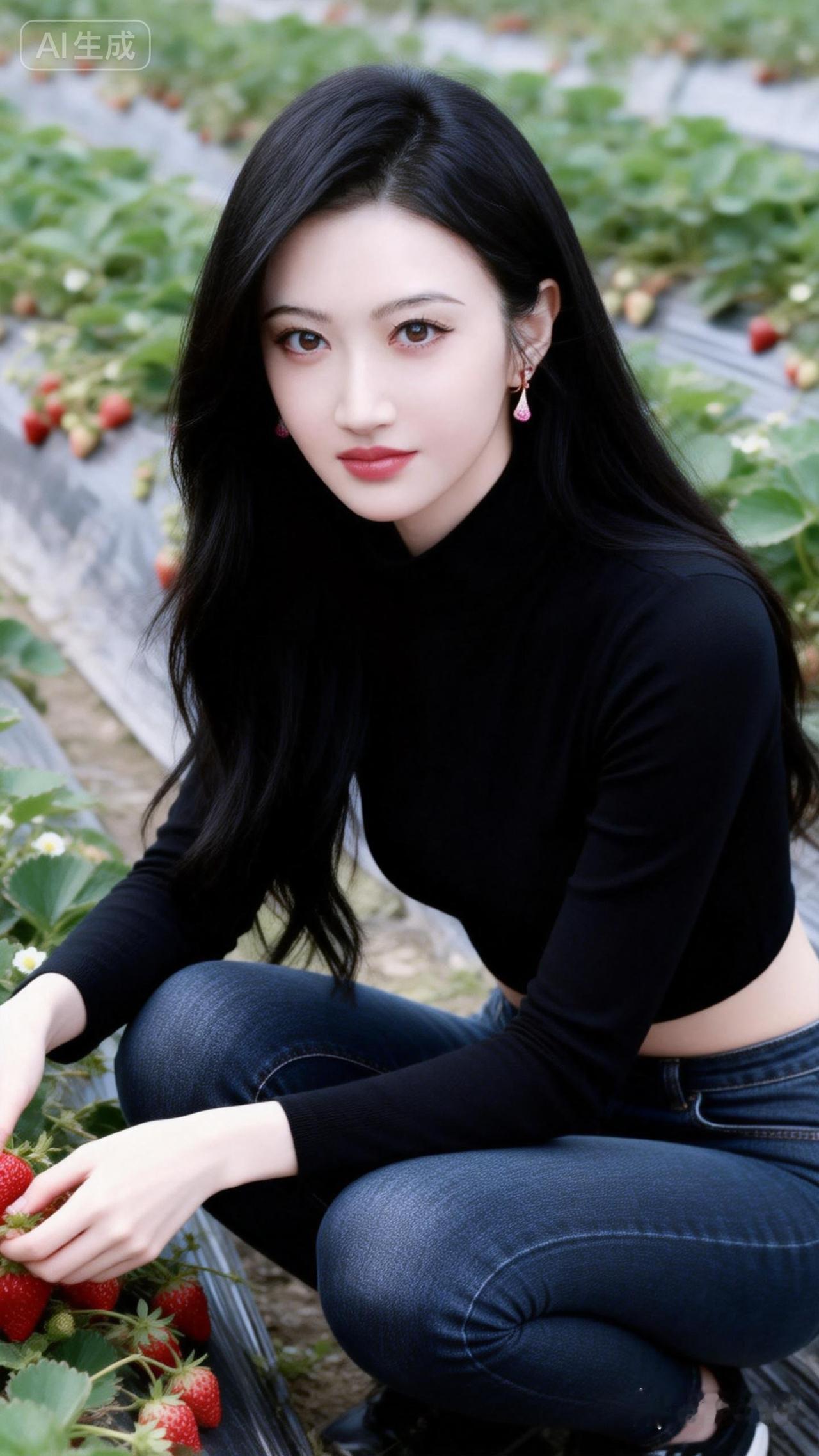 草莓采摘的甜美时刻，黑衣少女与红果相映成趣！🍓💖