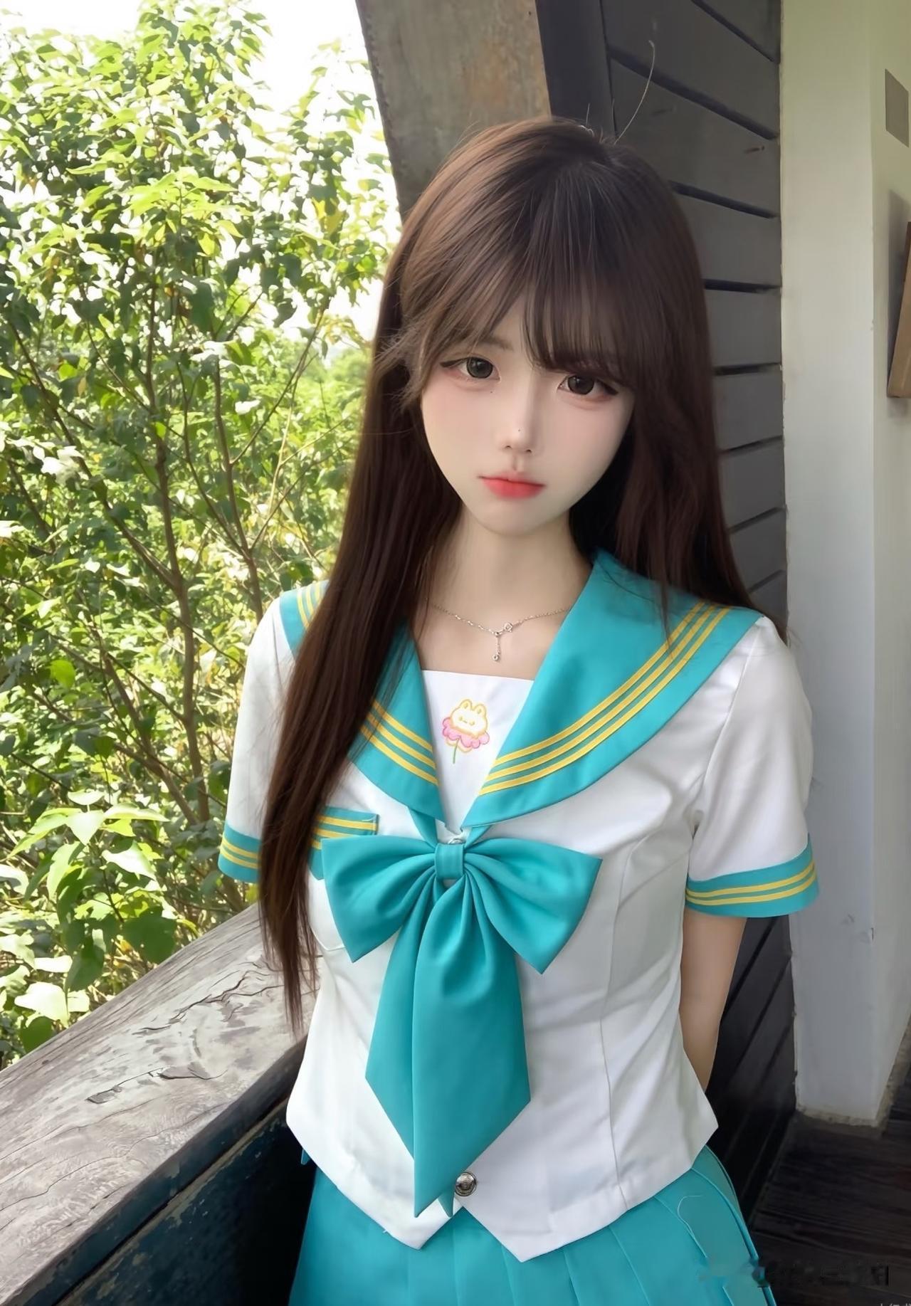 穿校服的少女站在阳台上。