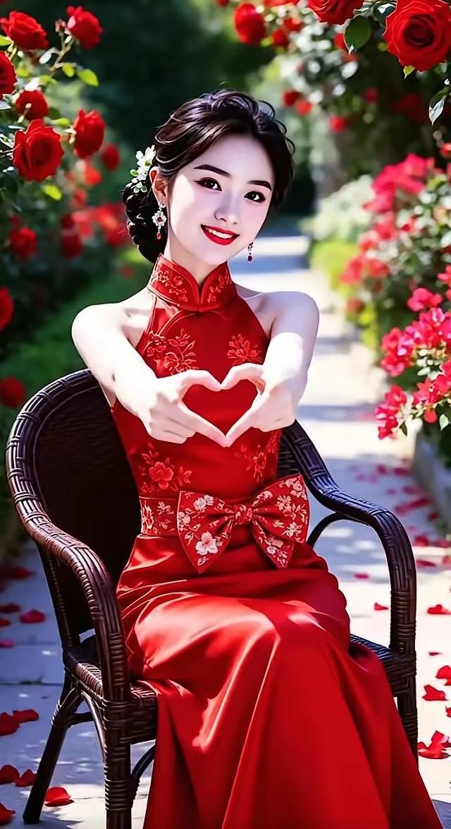 姑娘遇见心上人，
情不自禁比爱心。
对面帅哥好几个，
两情相悦一点通。