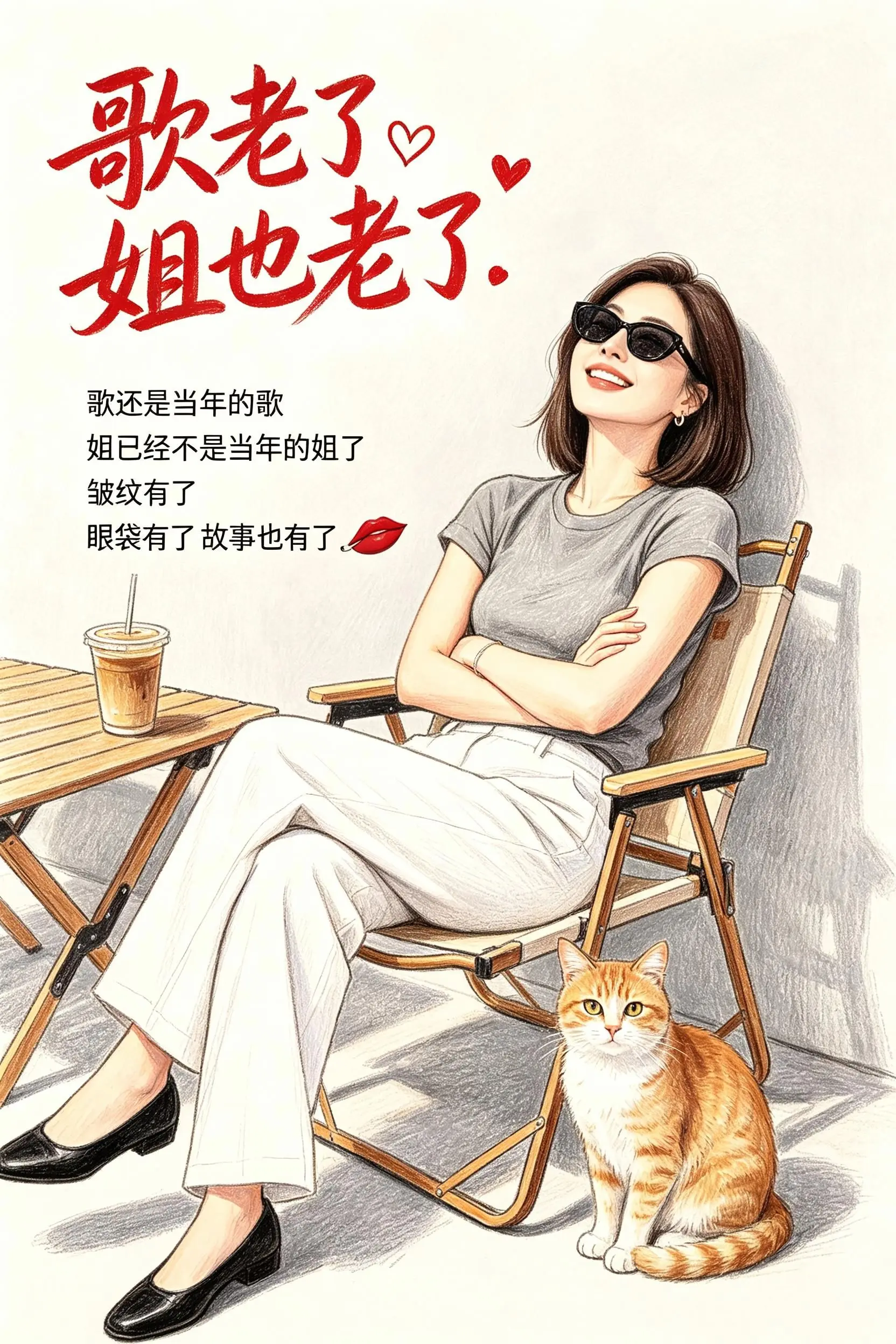 歌老姐以老 我爱老已 老去的是年龄不老的是热爱 AI彩铅插画风 ai创作