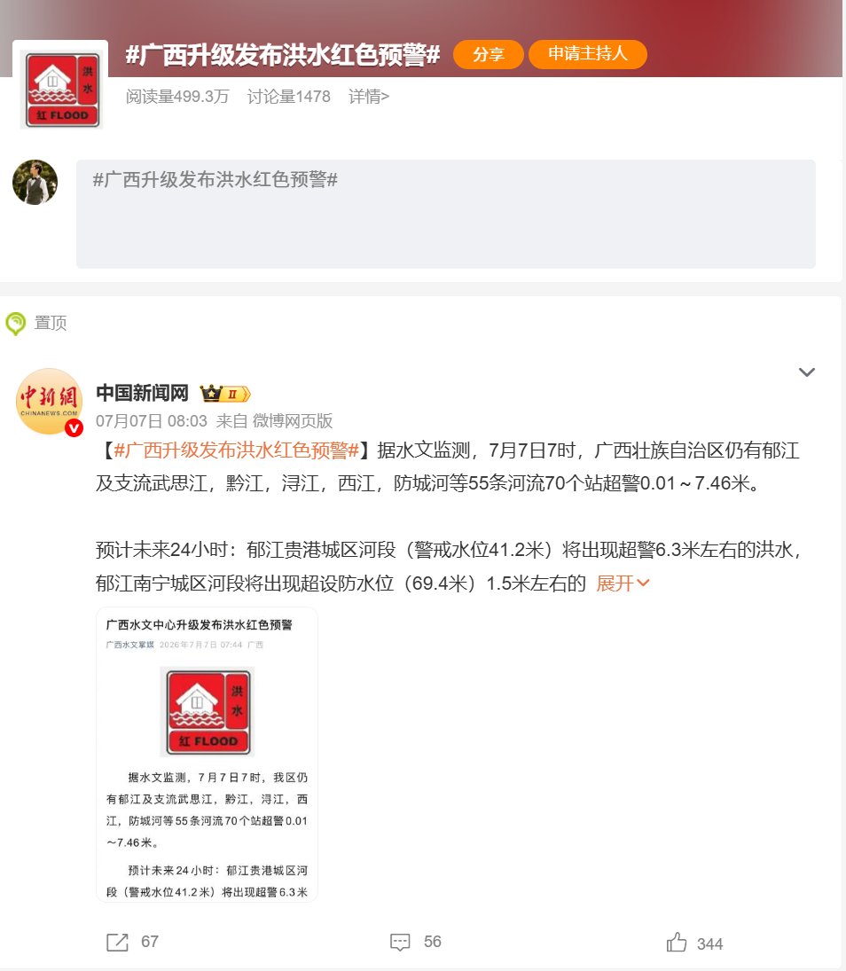 广西升级发布洪水红色预警 最近自然灾害频发，而且危险程度都较高！大家出门在外一定