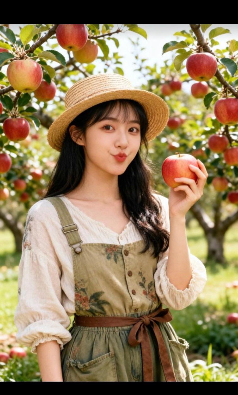 在果园里摘苹果的可爱女孩，就像童话里走出的小精灵。想象一下，她站在红红的苹果树下
