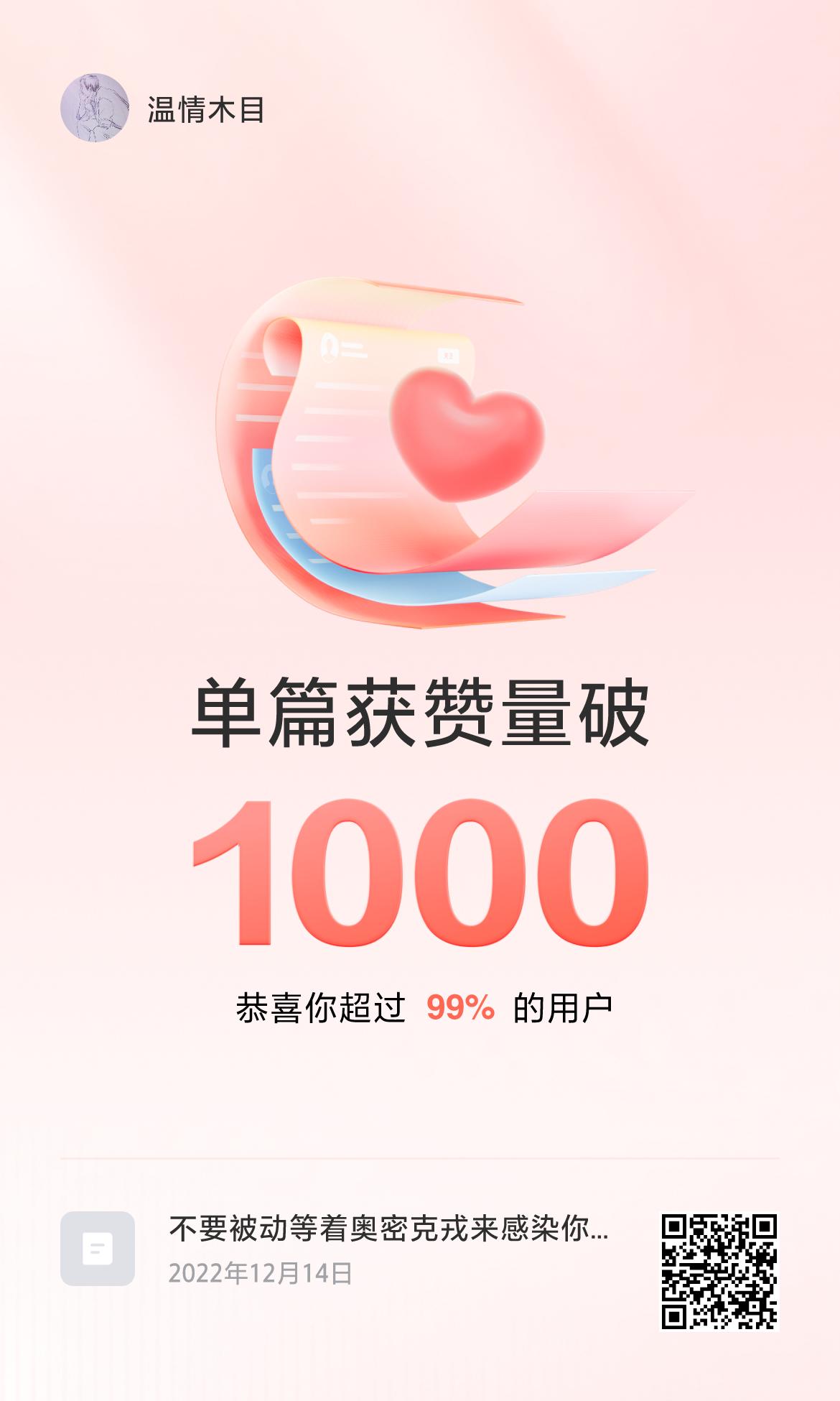 🔥我创作的单篇内容获得超过1000赞了！