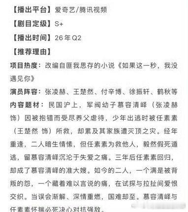 张凌赫、王楚然《这一秒过火》播前招商，26年Q2播出 