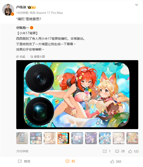 网友晒小米 17 Pro 背屏设动漫壁纸改 “痛机” 引热议，卢伟冰问含义。评论