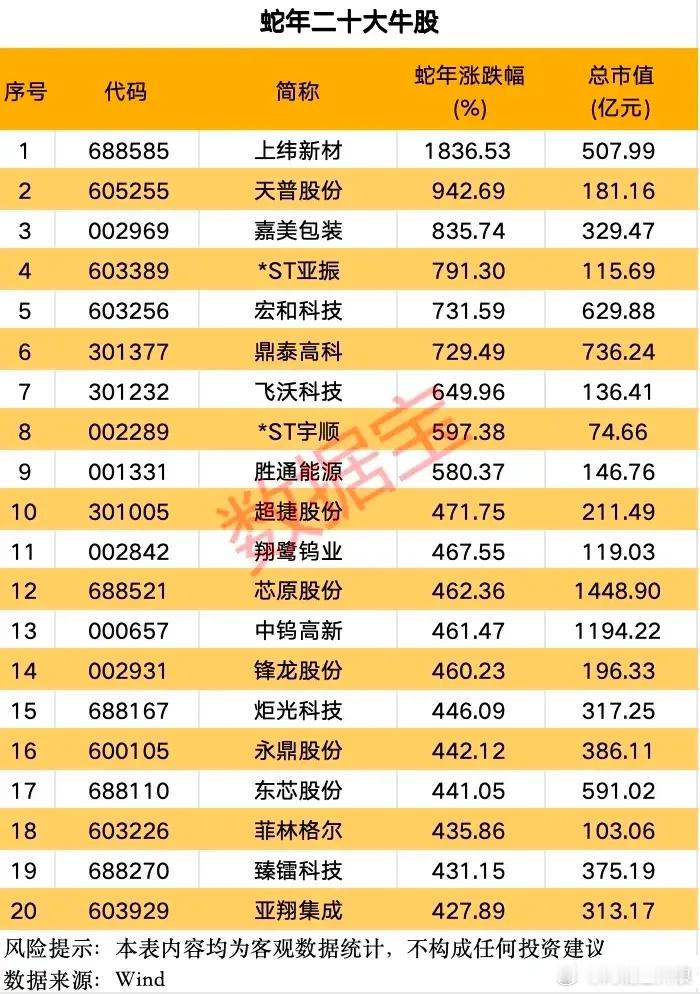蛇年二十大牛股梳理分析！这些牛股中电子、有色金属、机械设备等行业表现突出，涨幅区
