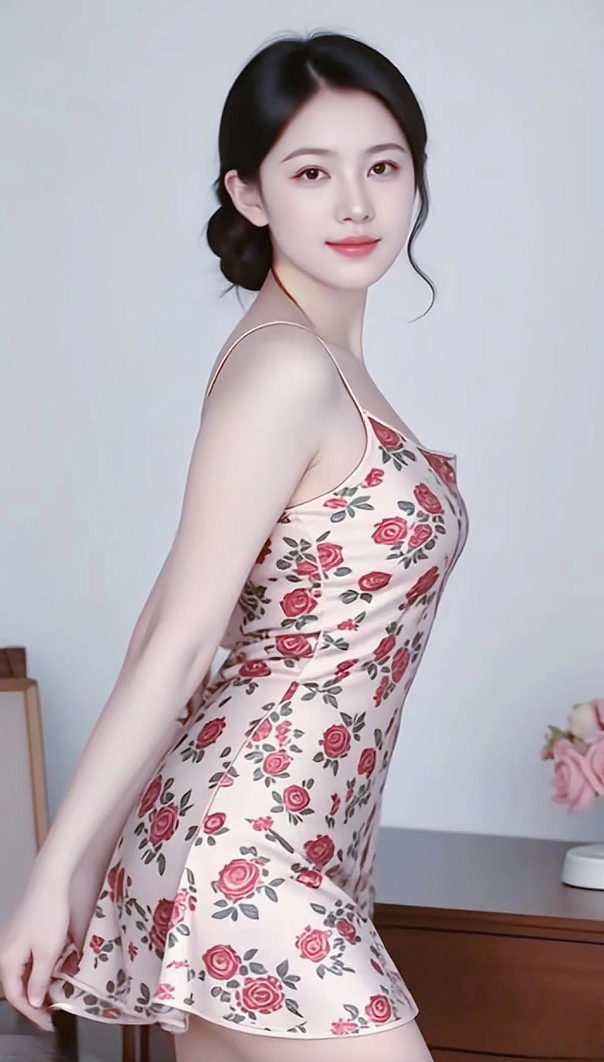 花裙摇曳映霞辉，
浅笑盈盈步履微。
疑是仙葩临俗世，
清风一缕暗香飞。
颜值 高