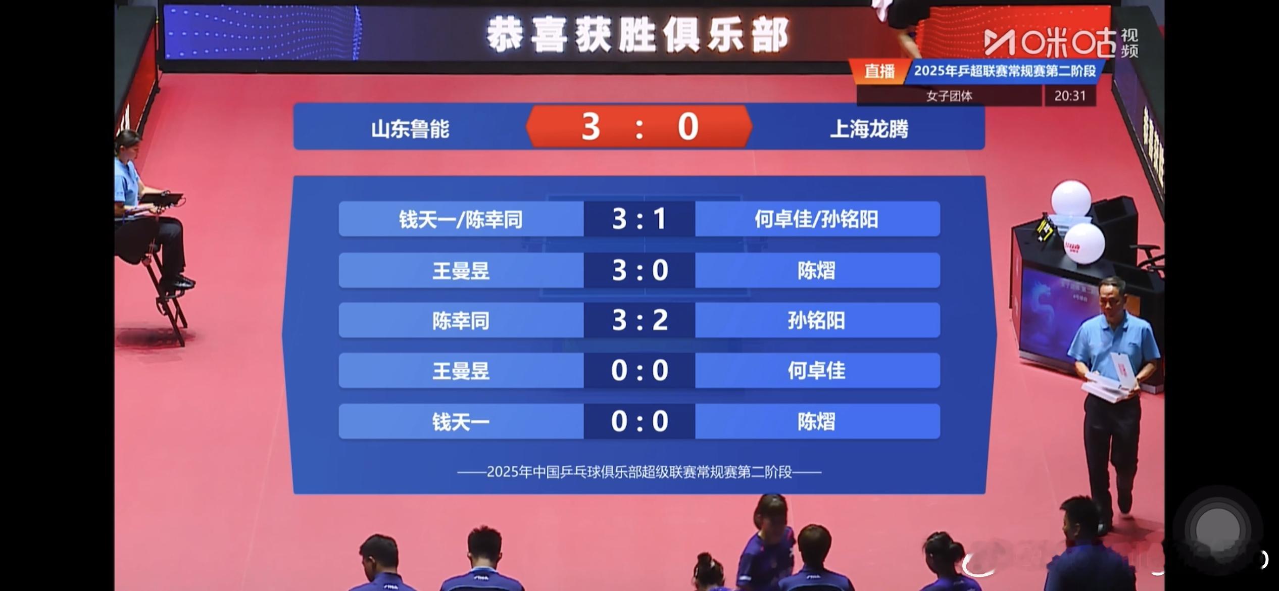 2025乒超联赛 女子团体 第二阶段山东鲁能3-0上海龙腾钱天一/陈幸同3比1何