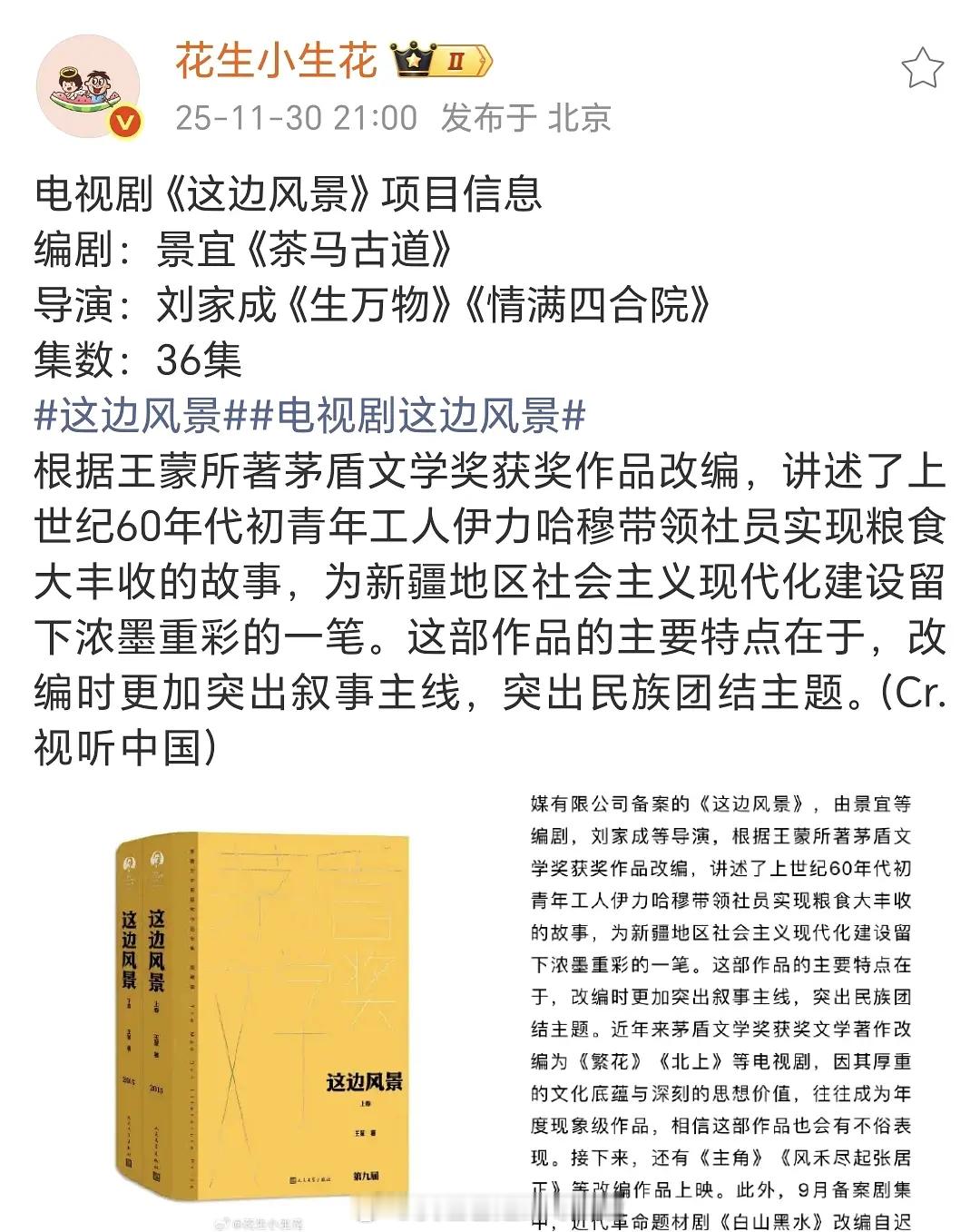 迪丽热巴新🫓：《这边风景》《人世间》导演，茅盾文学奖获奖作品 