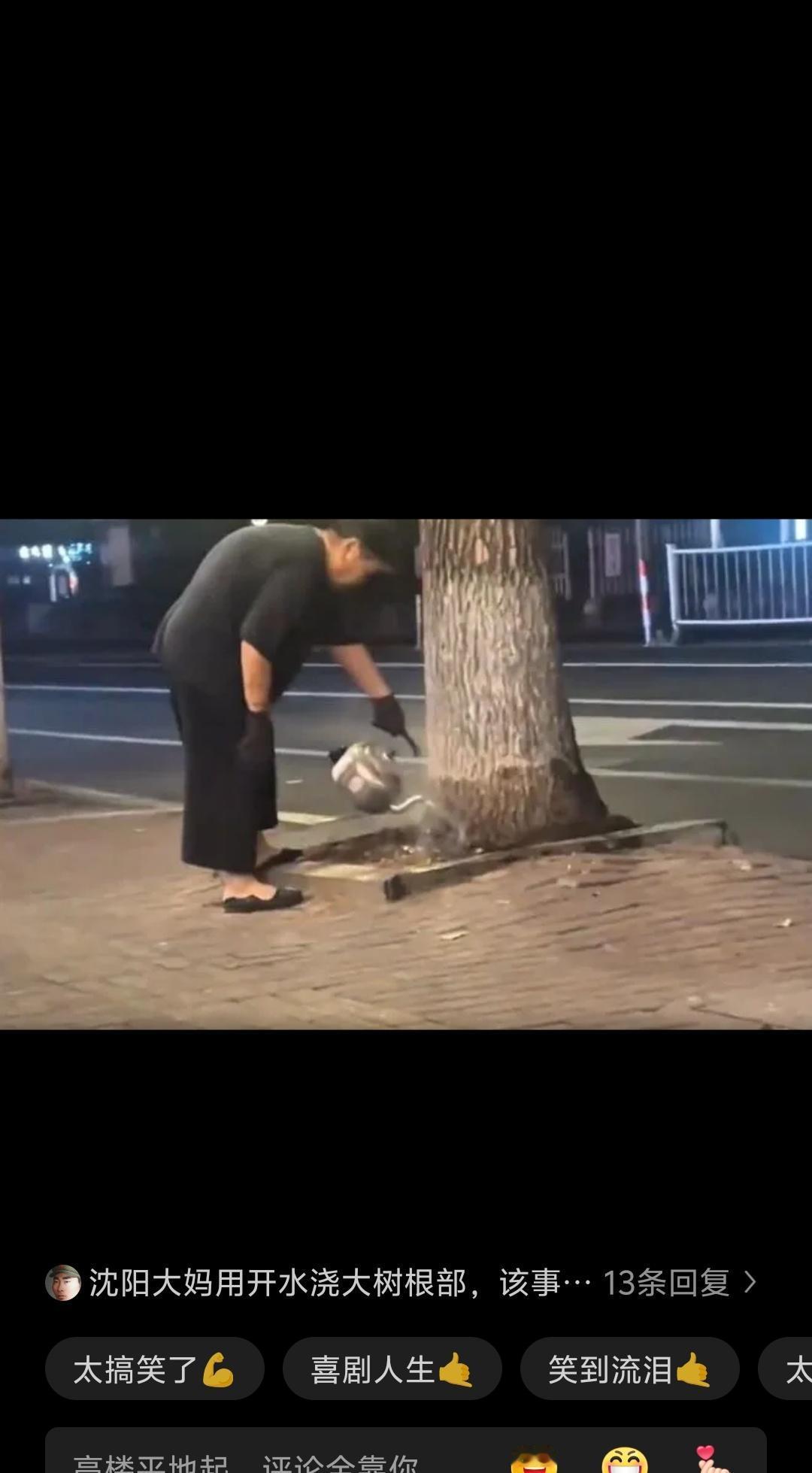 惊！大妈深夜拿开水“浇树”，这操作谁看了不迷糊？
 
近日，有网友拍到深夜街头一