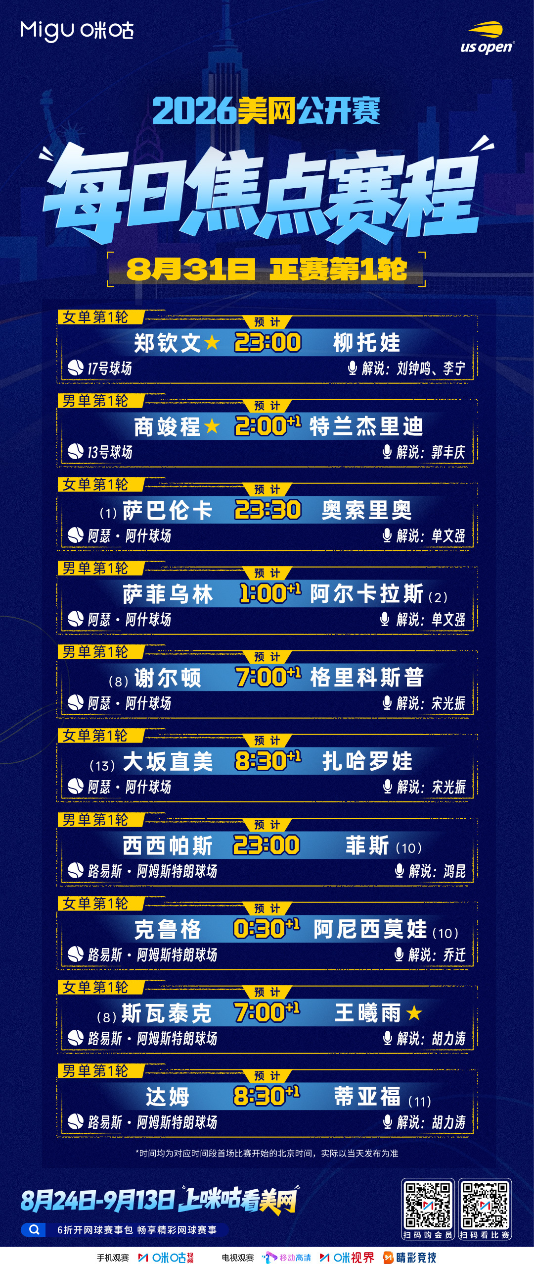 🎾 2026美国网球公开赛女单第1️⃣轮📢 正赛第2️⃣日焦点赛程👸 郑钦