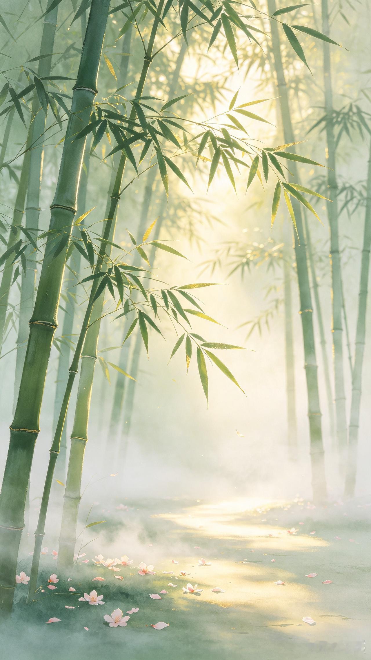 竹林晨光
晨晖穿透翠林巅，薄雾袅袅绕竹间。
万竿绿影凝清露，一缕柔风送寂然。
鸟