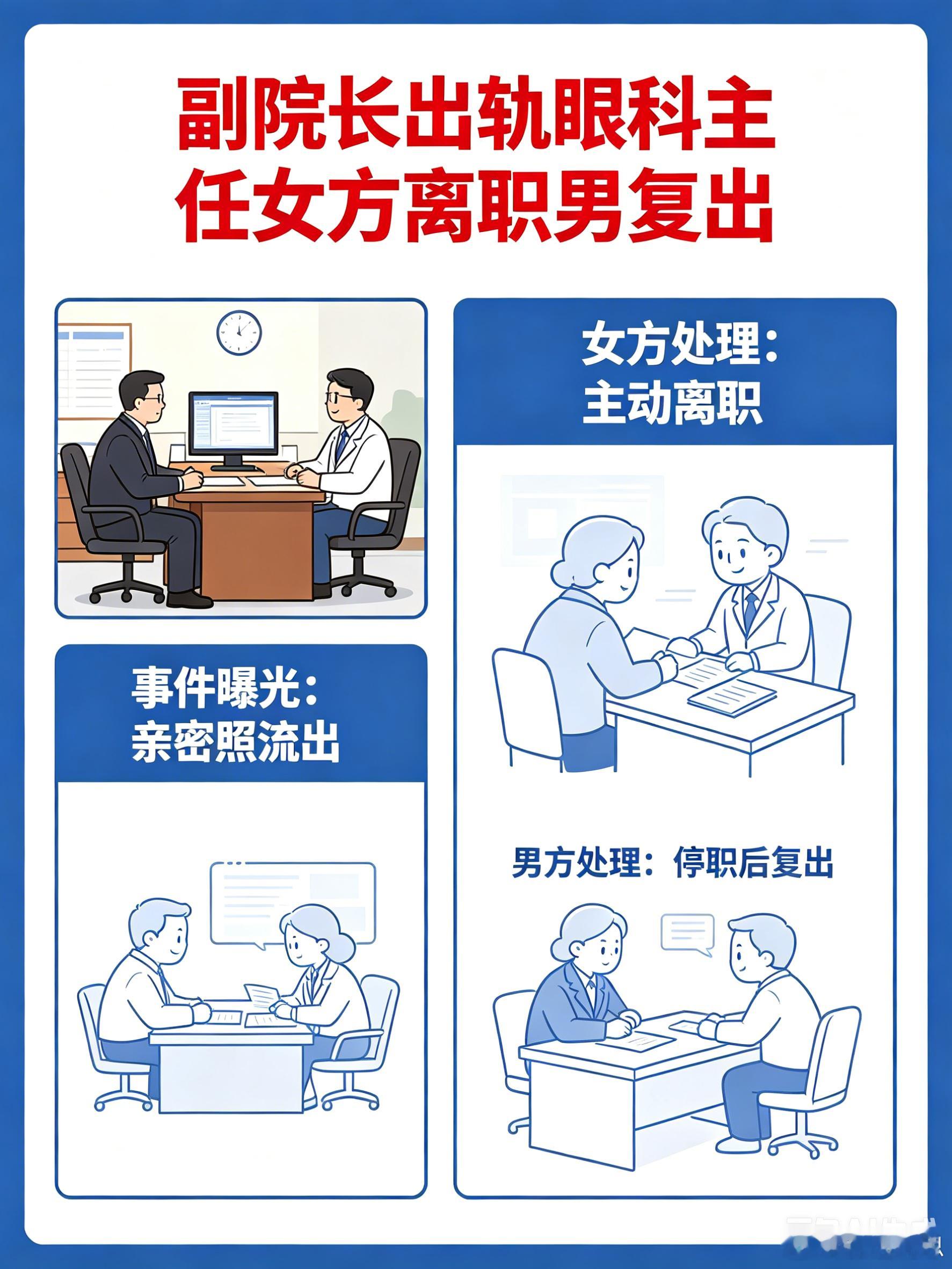 副院长出轨眼科主任女方离职男复出不雅视频传遍全网，女的走了，男的回来了。2025