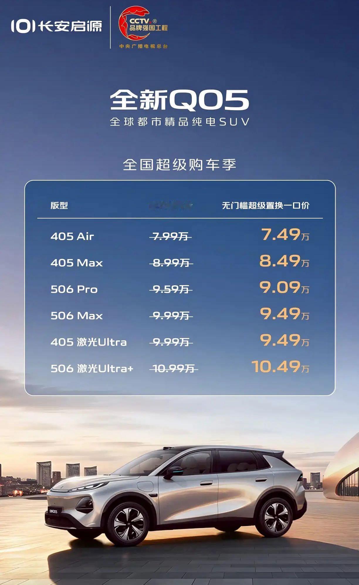 今天，长安启源全新Q05全国超级购车季开启，现在下订享无门槛超级置换补贴5000