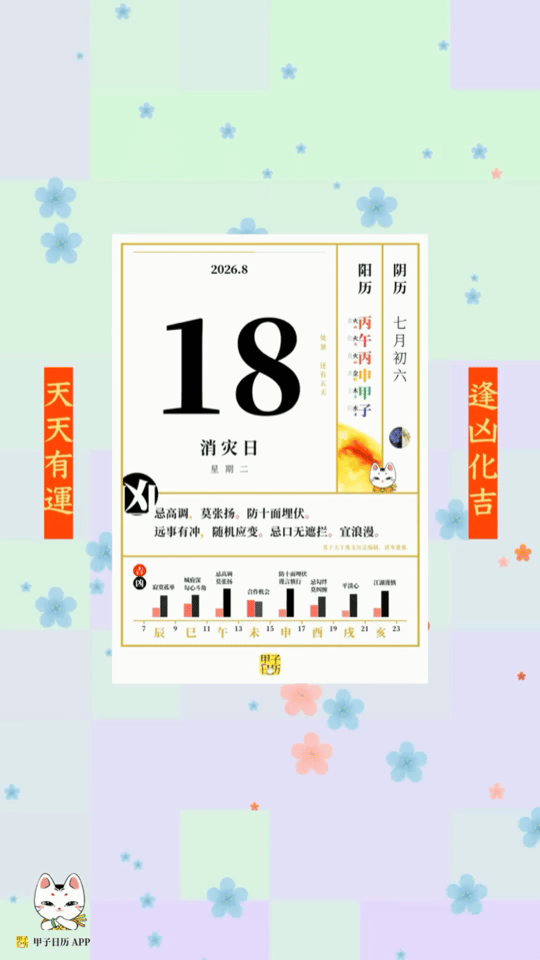 甲子日历 8 月 18 日，消灾日。忌高调，莫张扬。防十面埋伏。📆 星座人生
